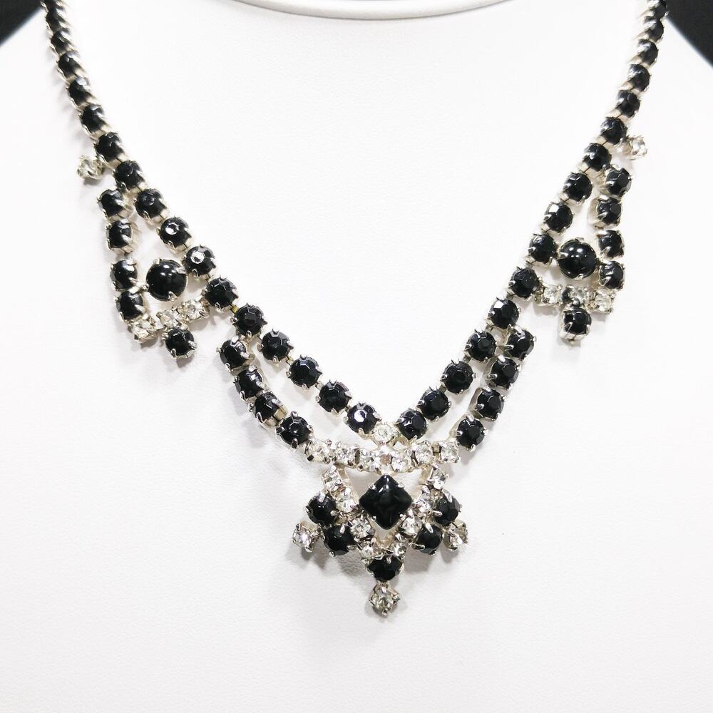 Vintage Black & Clear Rhinestone Festoon Necklace, Rhodium Plating, 1950s